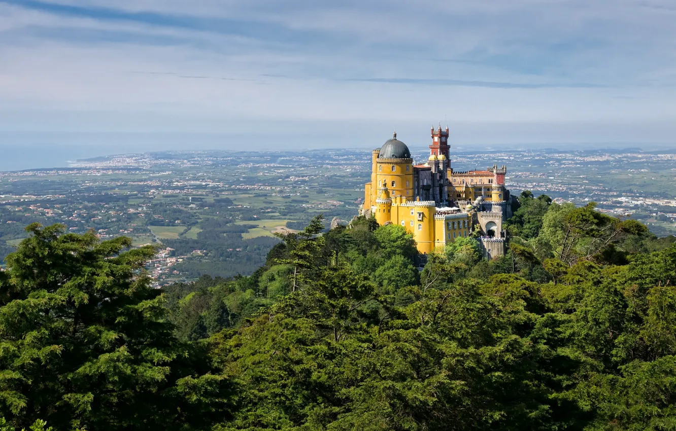 Photo wallpaper the sky, castle, tower, mountain, valley, Portugal, the dome, the Pena Palace