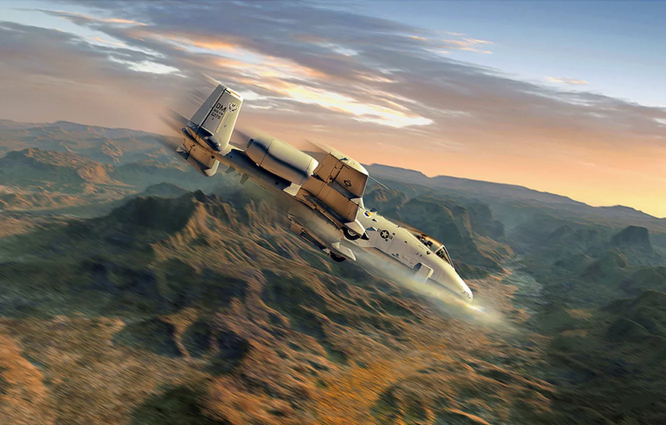 Photo wallpaper Mountains, The plane, Flight, USA, Art, Shot, Attack, Fairchild Republic A-10 Thunderbolt II