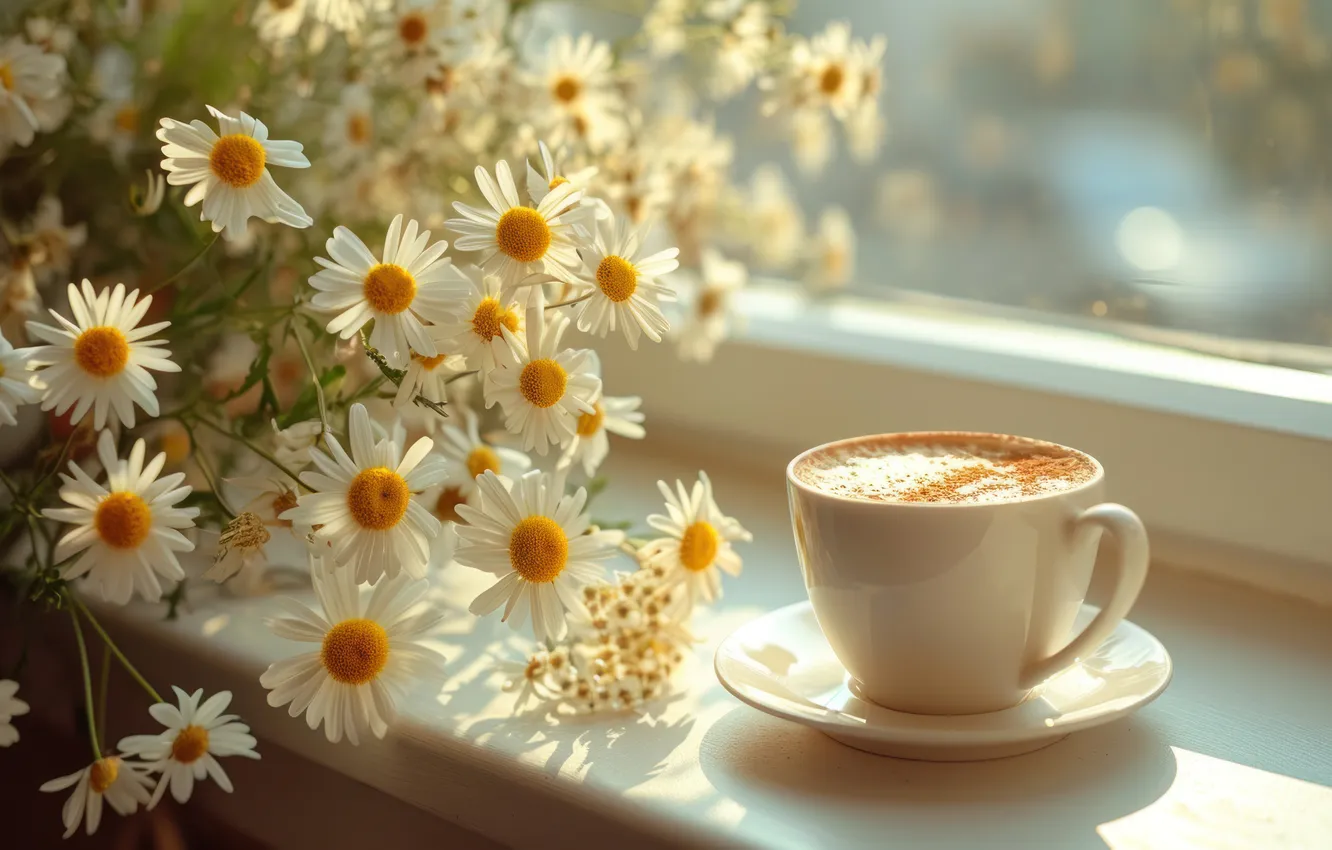 Photo wallpaper light, flowers, coffee, chamomile, bouquet, spring, window, mug