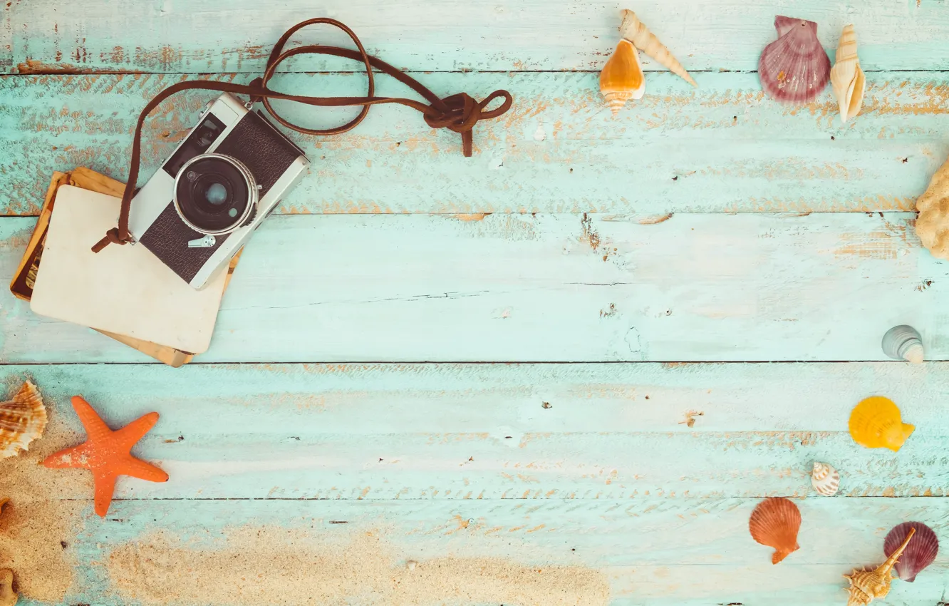 Photo wallpaper beach, stars, background, Board, shell, summer, beach, wood