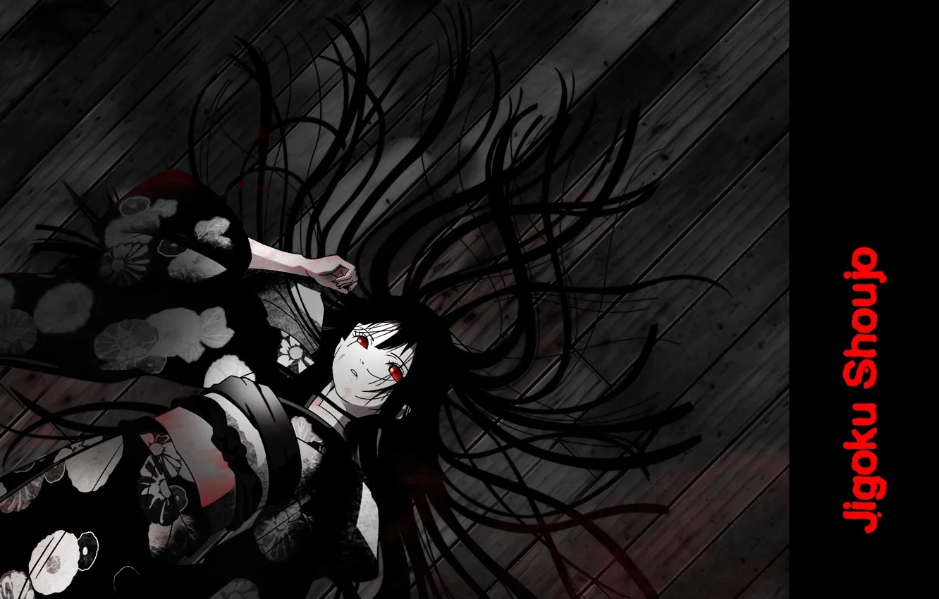 Photo wallpaper red eyes, lying on the floor, Enma Ai, Jigoku Shoujo, Hell girl, Hell girl, feathered …