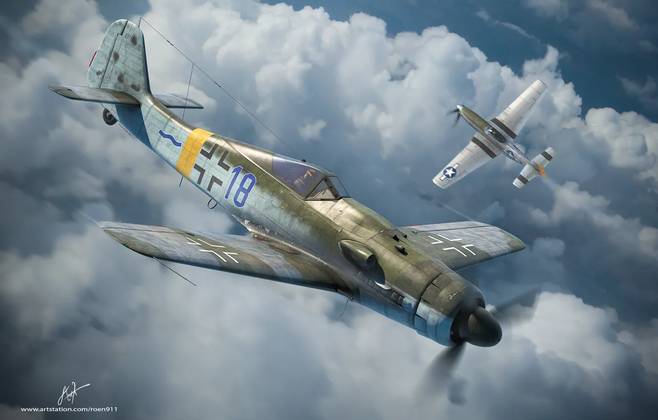 Photo wallpaper fighter-monoplane, Focke-Wulf, Luftwaffe, German single-seater single piston, Antonis (rOEN911) Karidis, FW-190 D-9, Blue 18