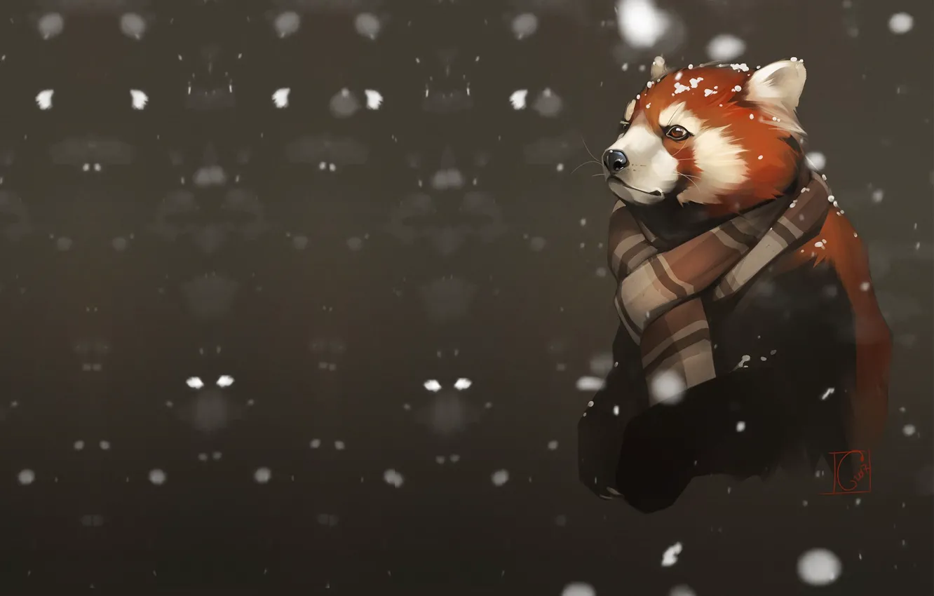 Photo wallpaper snow, red Panda, art, the first snow, Alexander Khitrov, GaudiBuendia