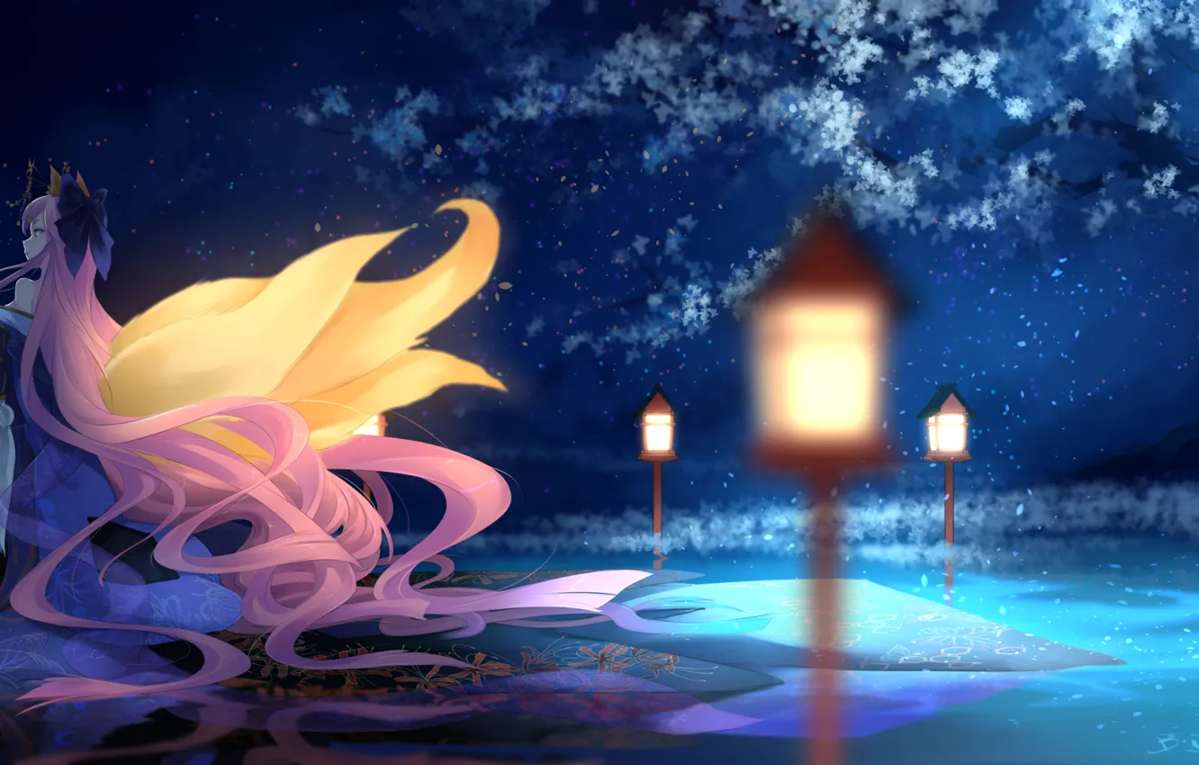 Photo wallpaper water, girl, night, reflection, tree, anime, art, lights