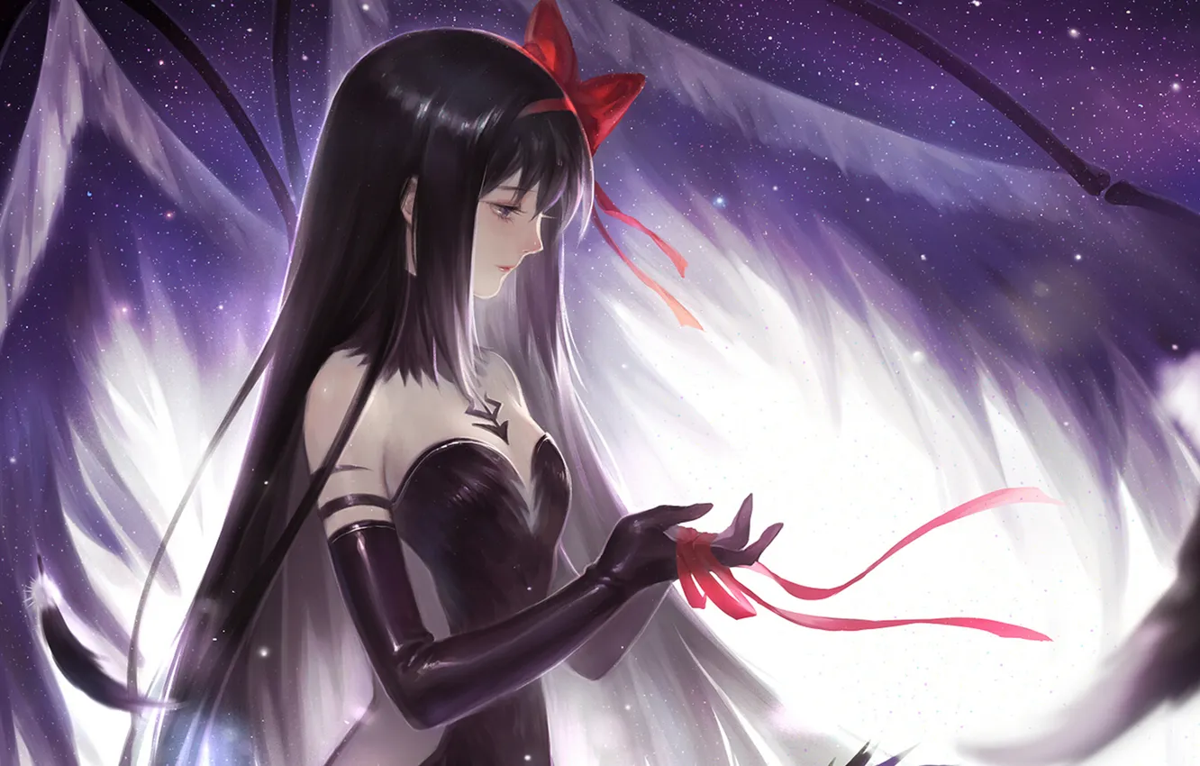 Photo wallpaper girl, wings, tape, bow