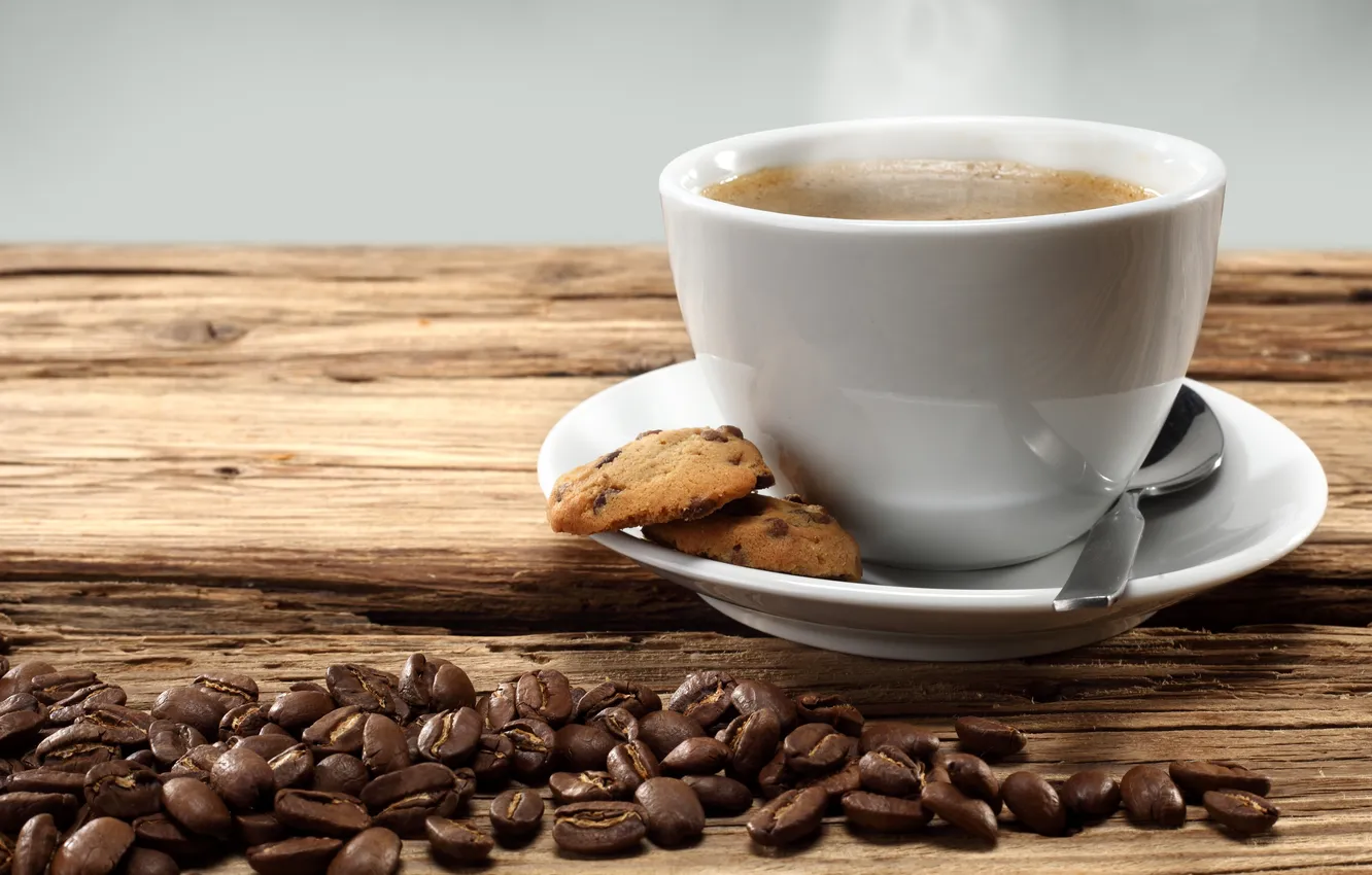 Photo wallpaper coffee, cookies, Cup, coffee beans, saucer