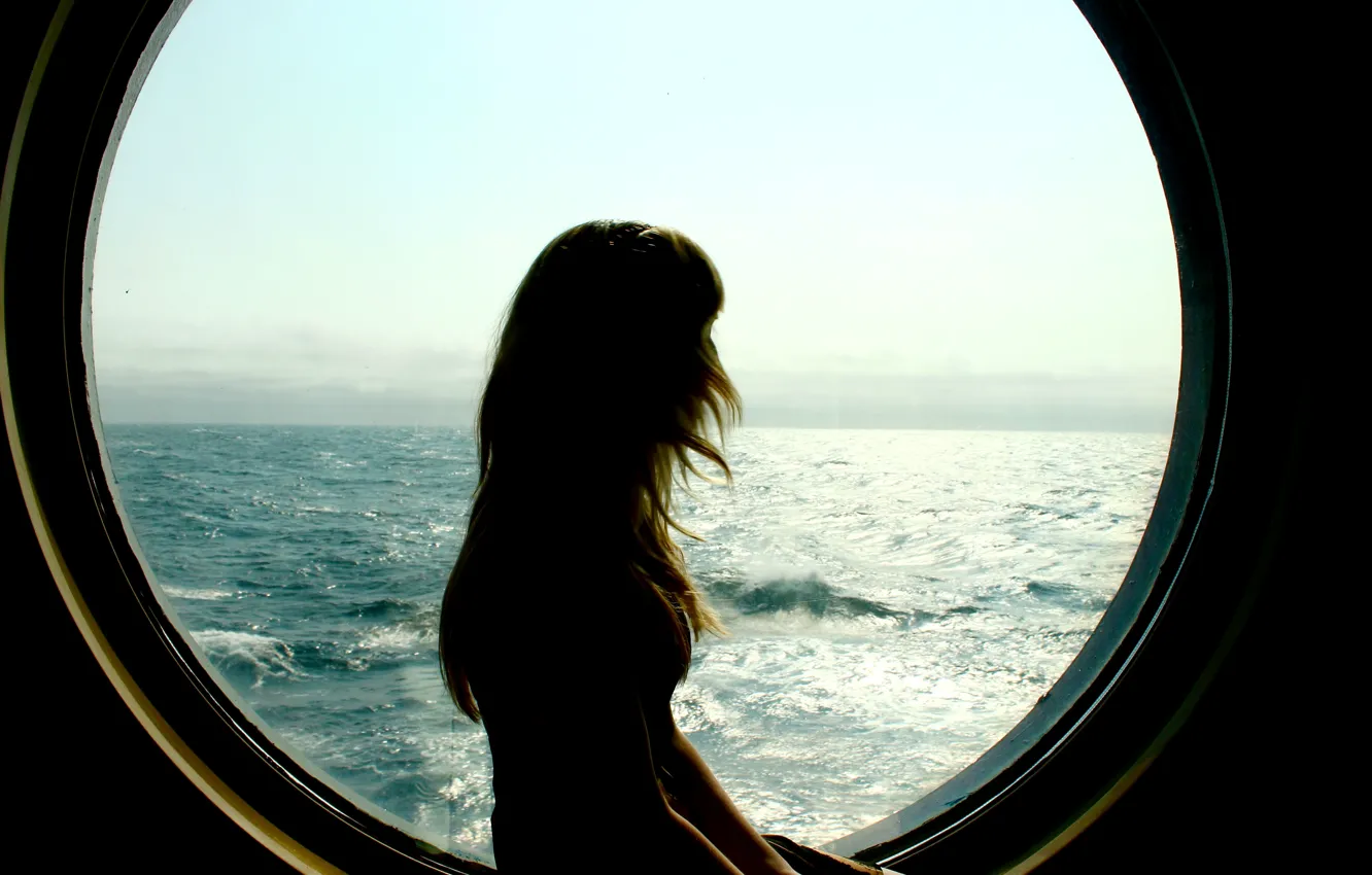 Photo wallpaper sea, wave, the sky, girl, horizon, silhouette, the window