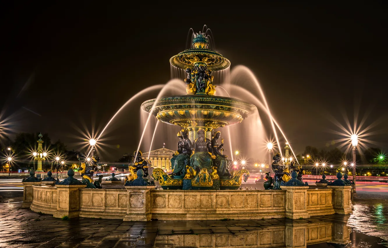 Photo wallpaper road, night, lights, France, Paris, lights, puddles, fountain