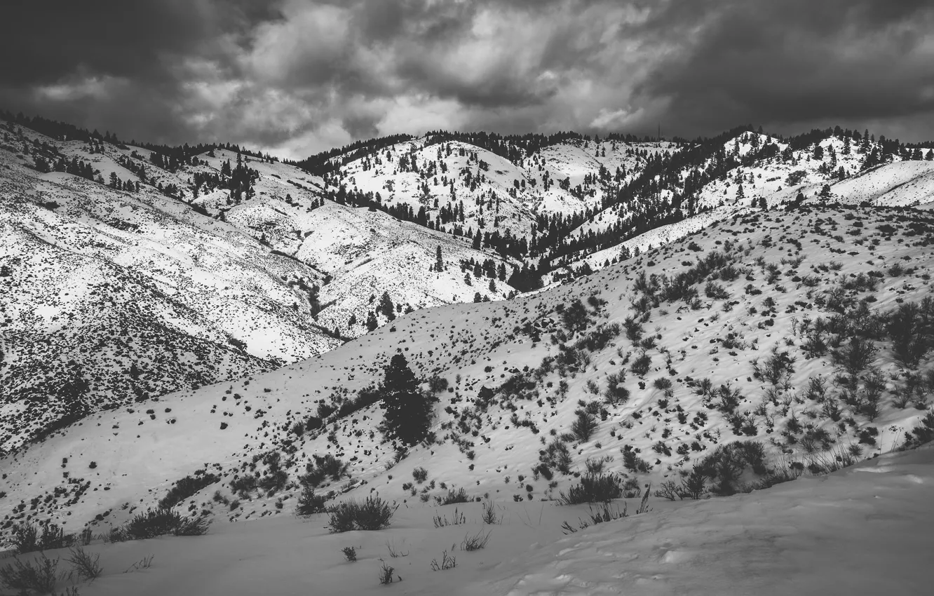 Photo wallpaper storm, winter, clouds, snow, hills