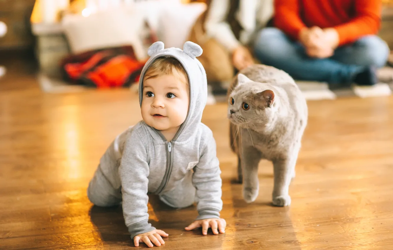 Photo wallpaper Cat, Child, Baby