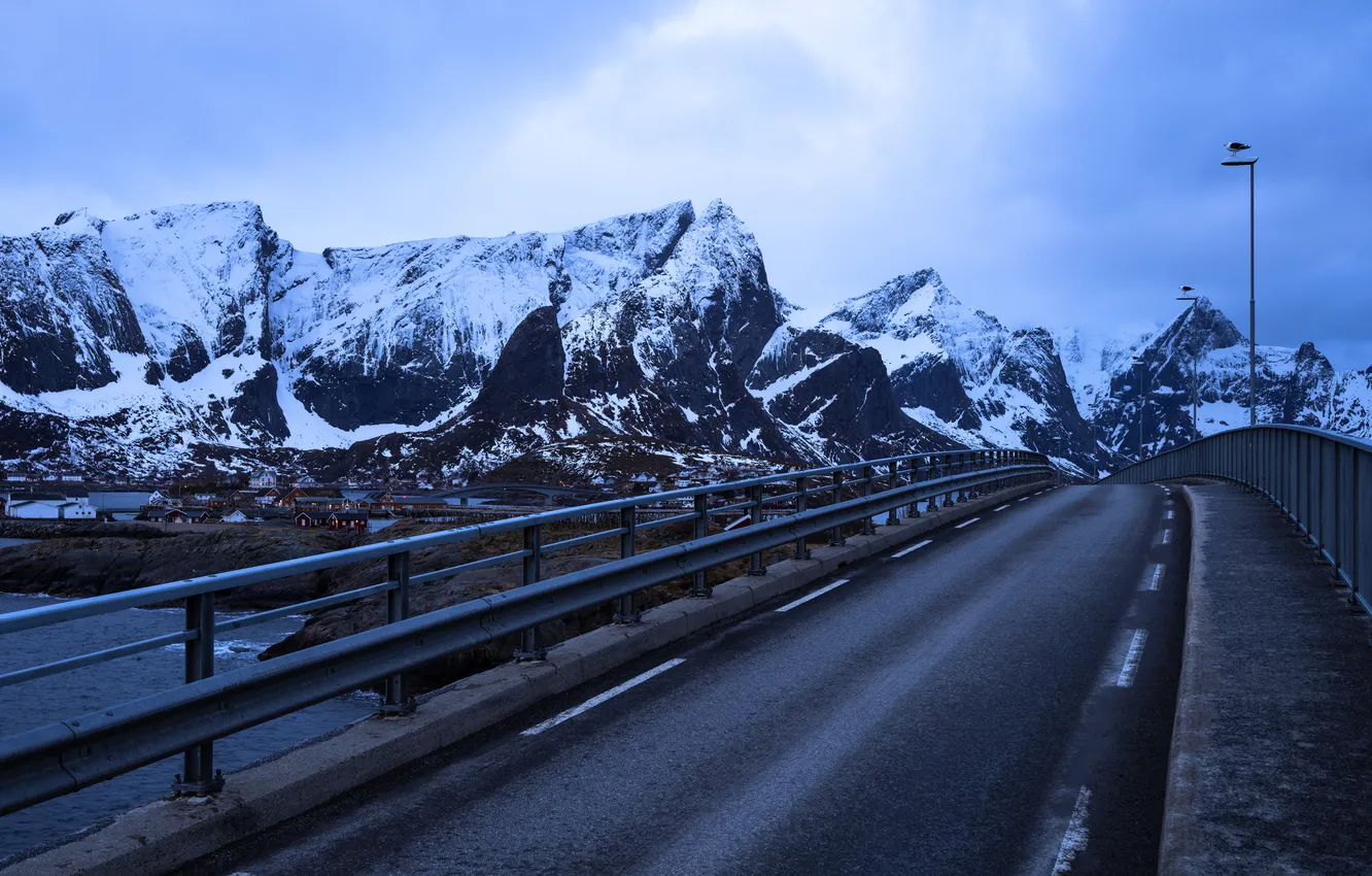 Photo wallpaper mountains, bridge, Norway, Lofoten streams