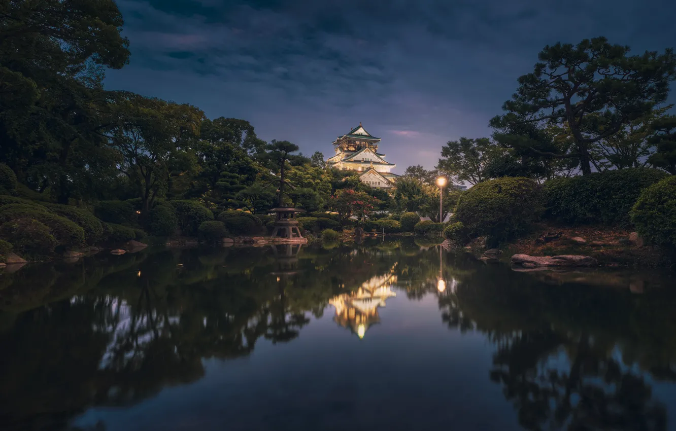 Photo wallpaper night, reflection, shore, Japan, Asia, pagoda, pond, Osaka