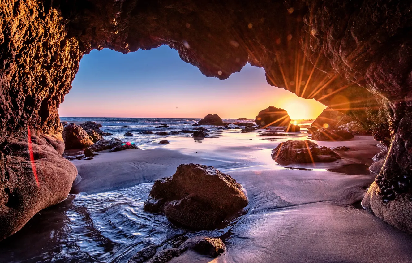 Photo wallpaper sea, the sun, rays, shore, Cave