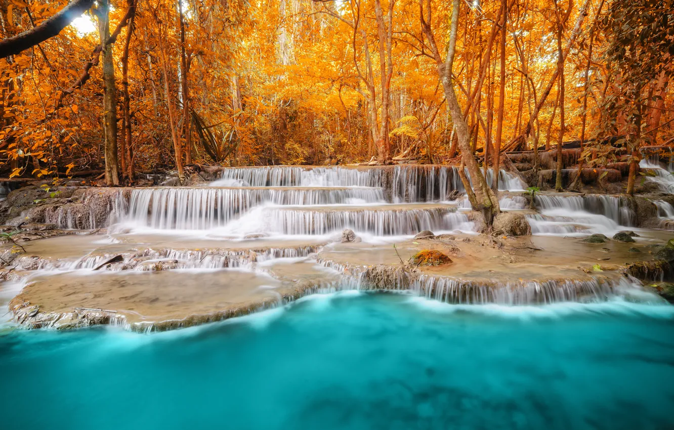 Photo wallpaper autumn, forest, trees, landscape, nature, river, waterfall, blue water