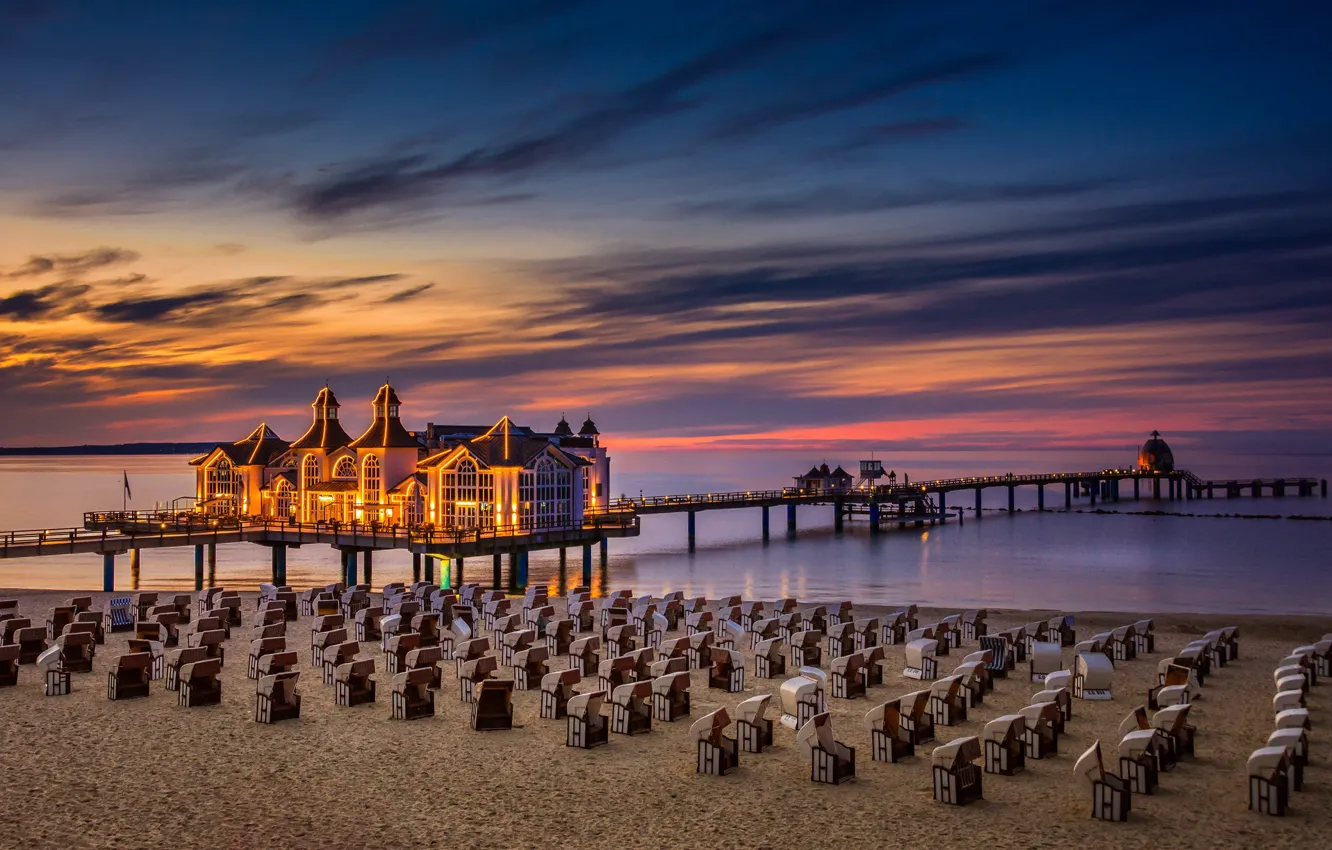 Photo wallpaper sand, sea, beach, the sky, clouds, sunset, lights, shore