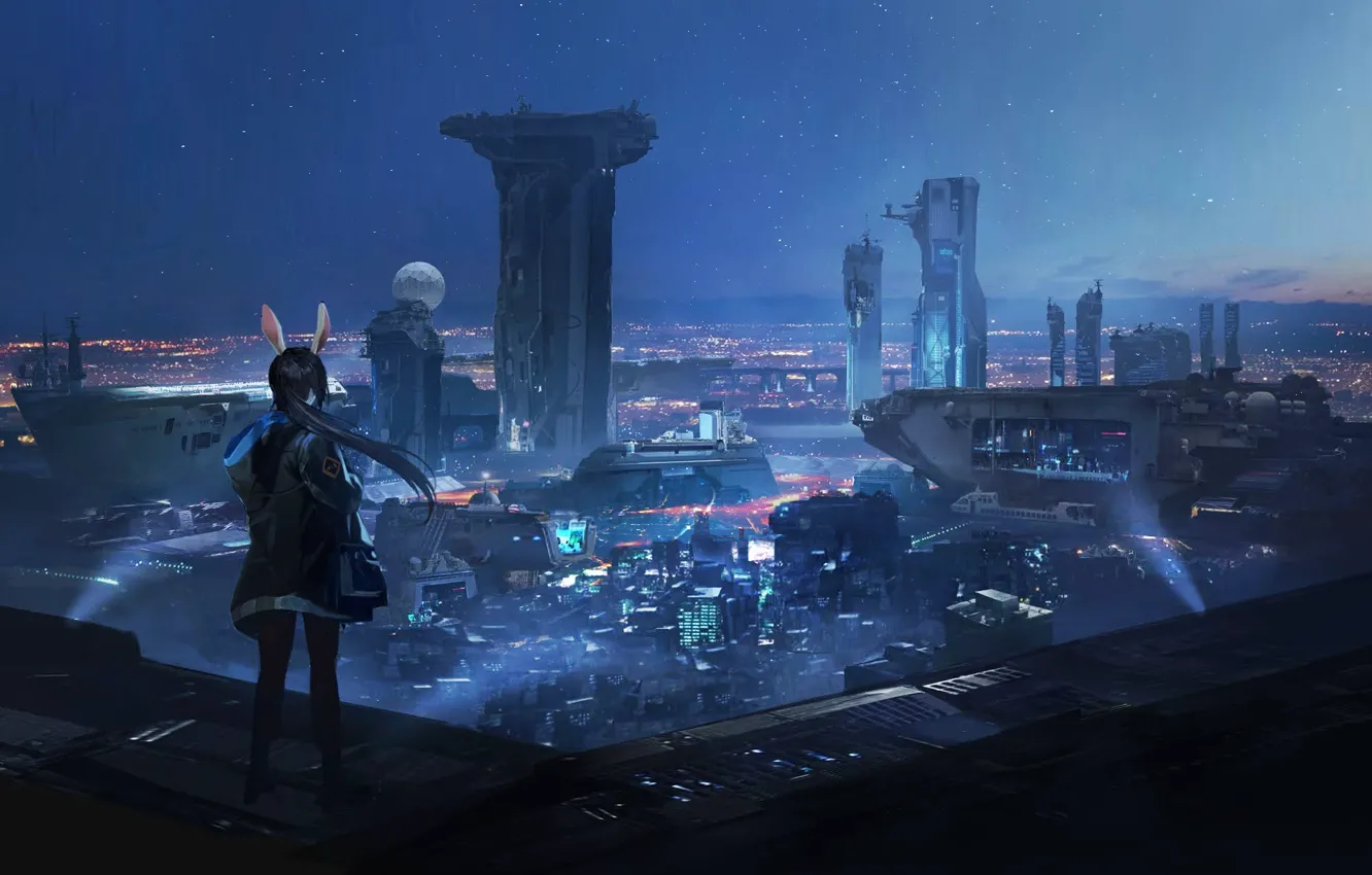 Photo wallpaper girl, night, the city, fiction, the moon, ears, Arknights, Amiya
