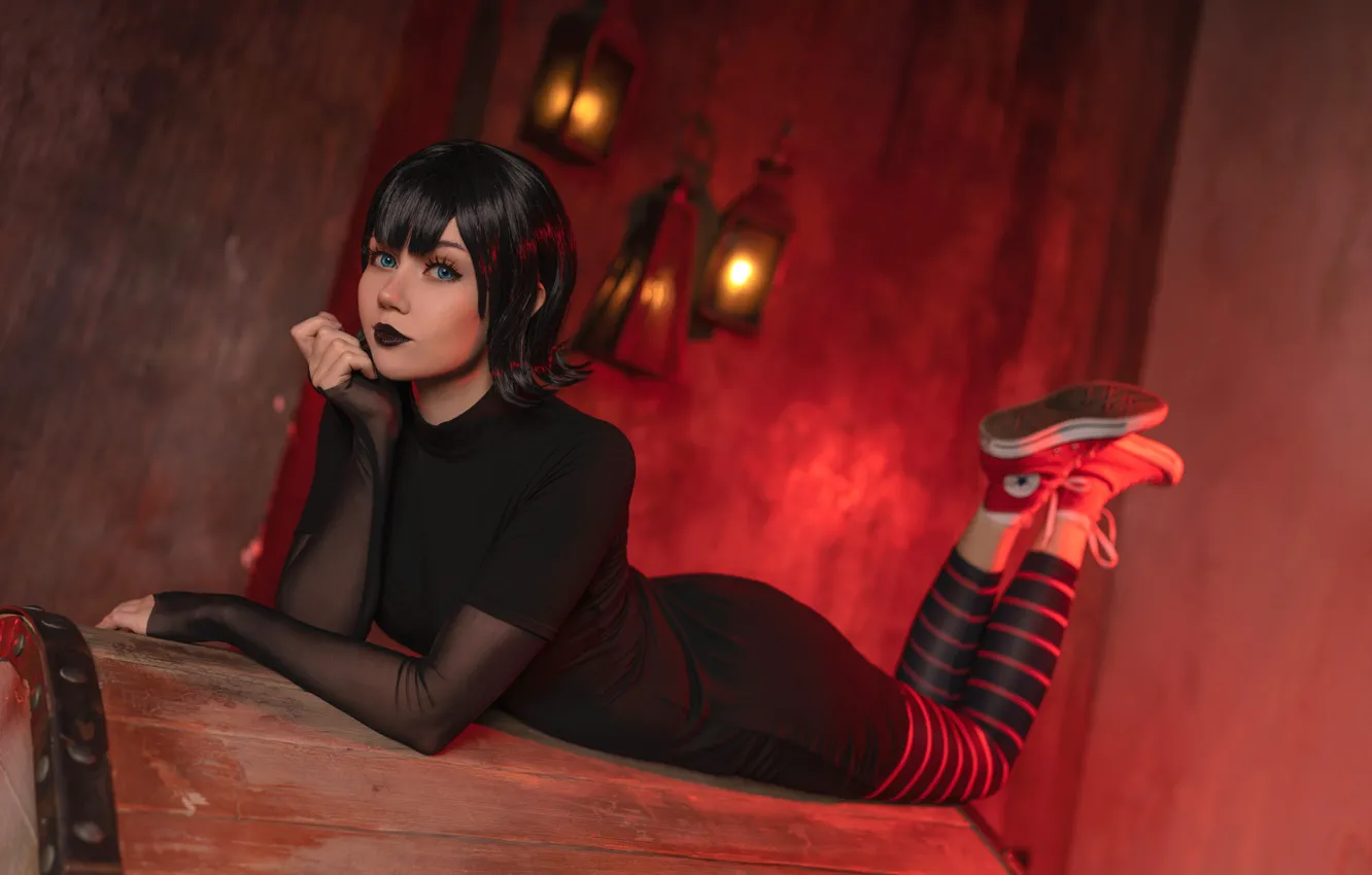 Photo wallpaper dress, blue eyes, model, women, cosplay, brunette, lamp, black dress