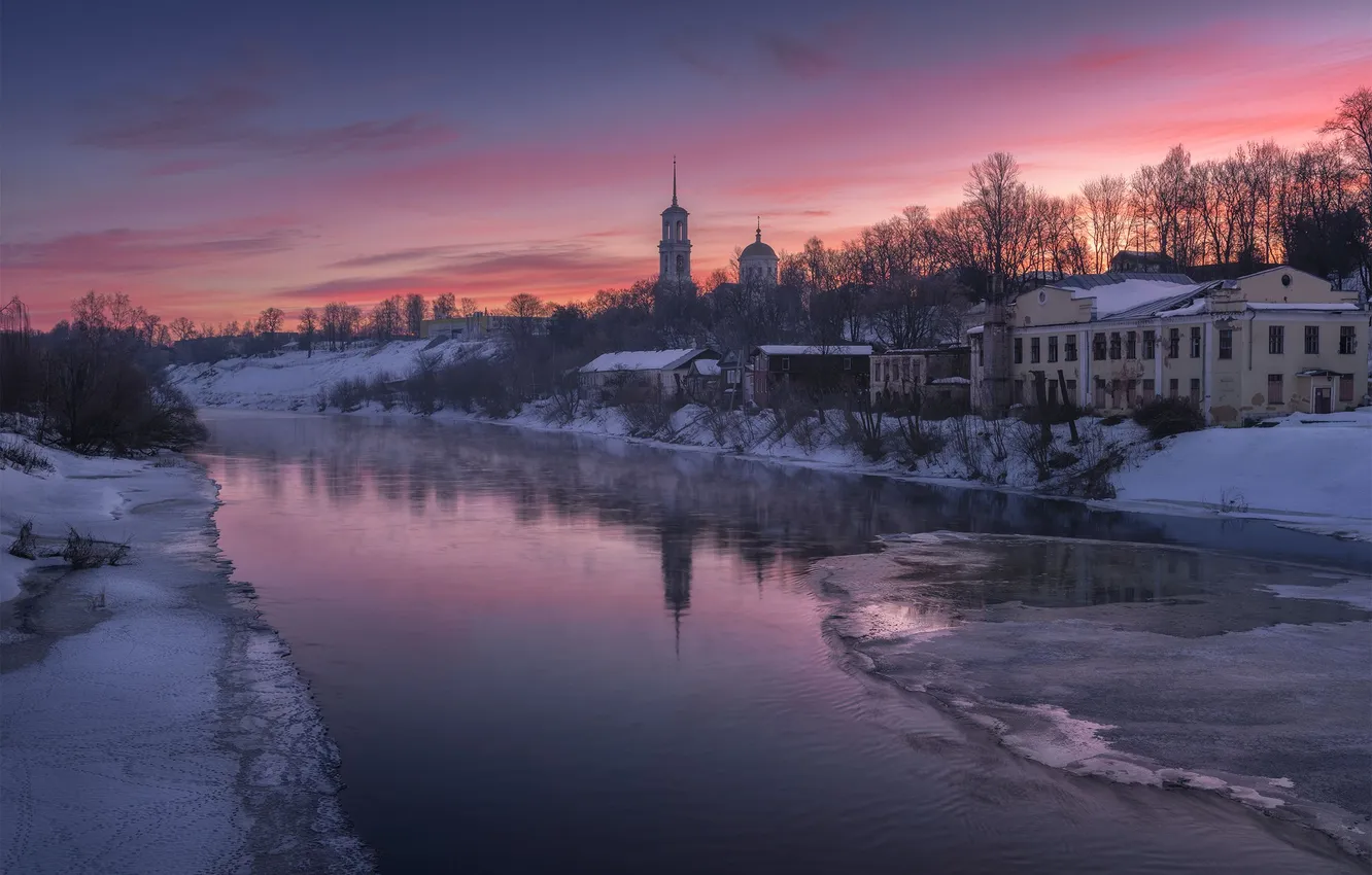 Photo wallpaper river, morning, Church, March, Anna Politova