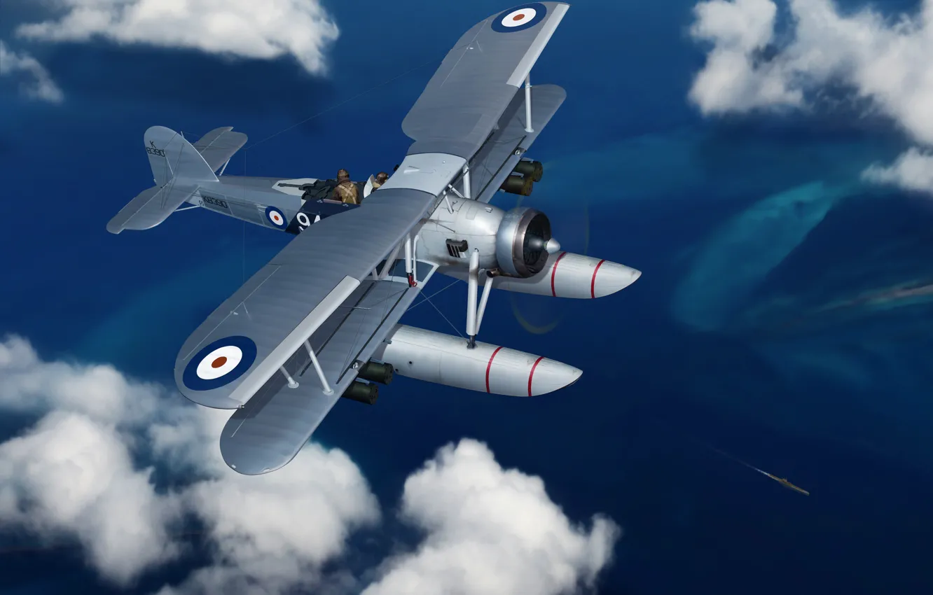 Photo wallpaper the plane, art, bomber, British, WW2., torpedo, Fairey Swordfish, seaplane