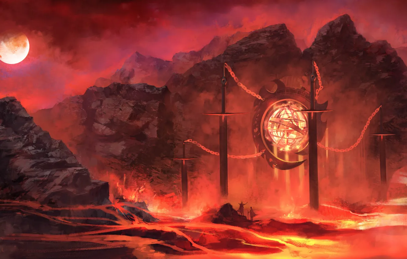 Photo wallpaper the sun, lights, weapons, fiction, rocks, balls, magic, people