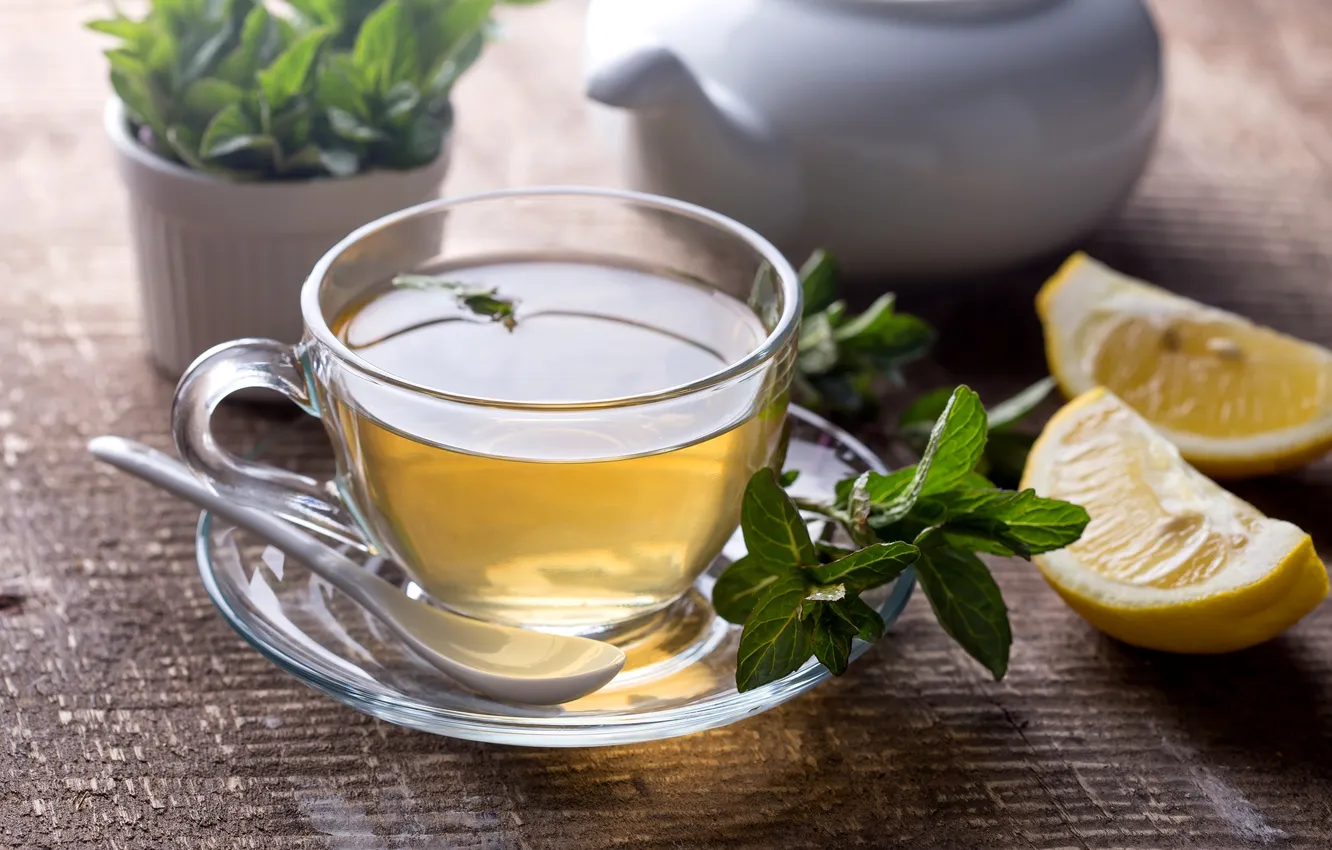 Photo wallpaper glass, lemon, tea, Cup, citrus, saucer