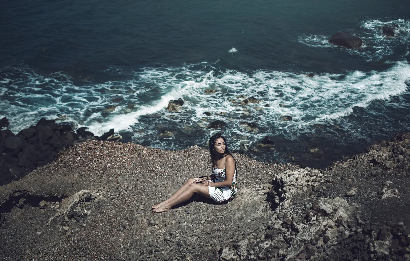 Photo wallpaper wave, girl, pose, feet, brunette, sitting