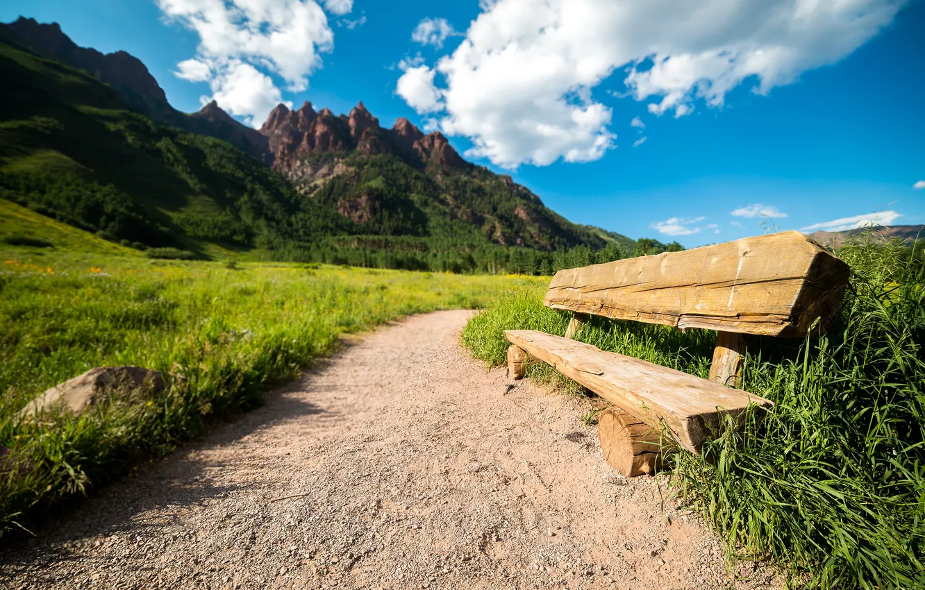 Photo wallpaper mountains, nature, trail, USA, bench, Colorado, Maroon Bells