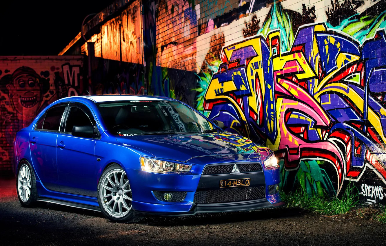 Photo wallpaper graffiti, Mitsubishi, blue, Lancer X, Lancer 10, Mr Matboy