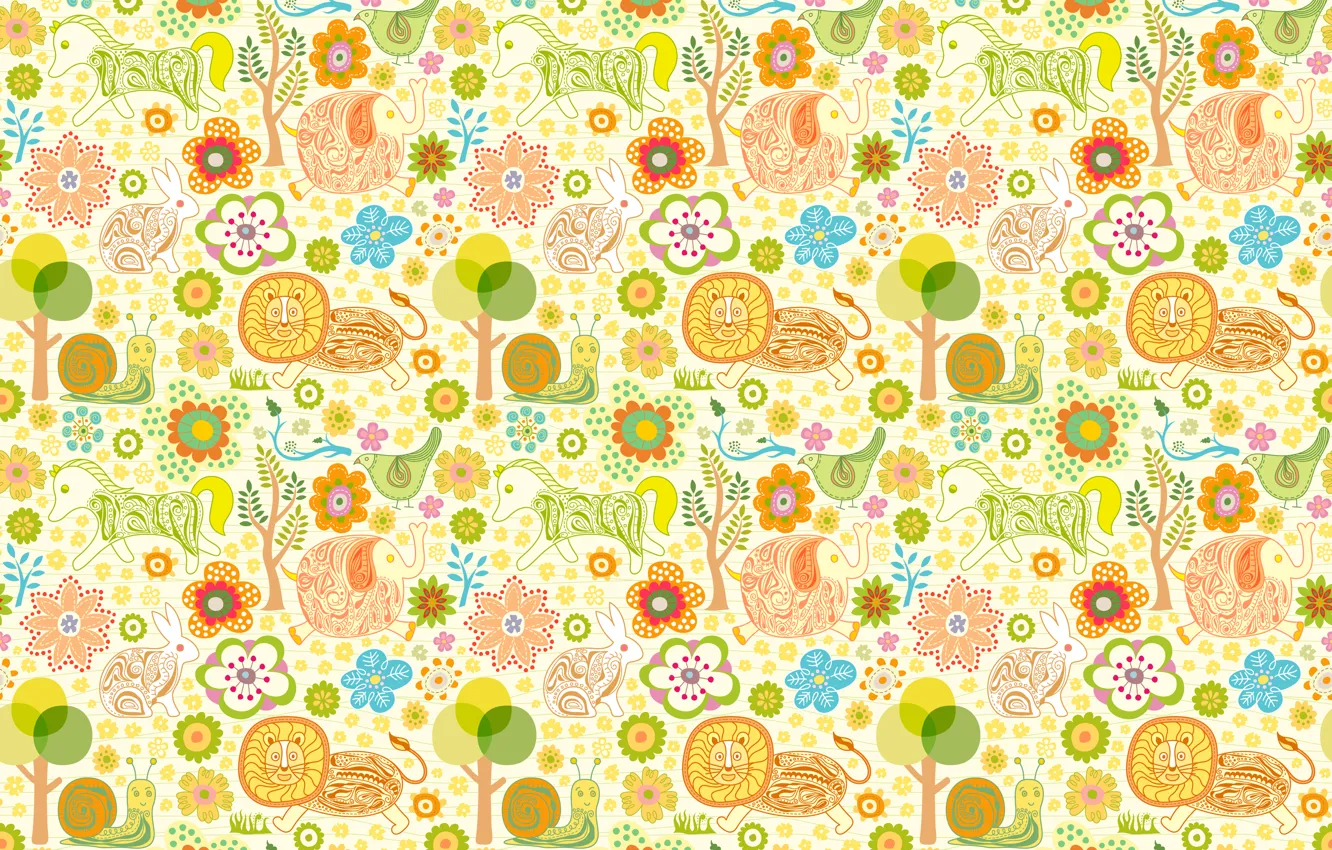 Photo wallpaper animal, bird, horse, elephant, hare, snail, Leo, children's