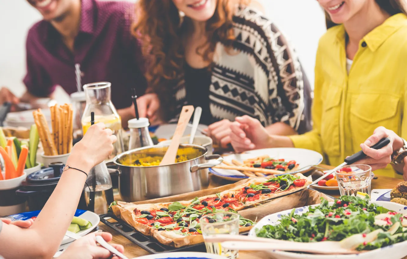 Photo wallpaper Table, People, Food, Colorful luxury dishes, Communal table, Vegetarian food, Dinner party, Vegetarian eating