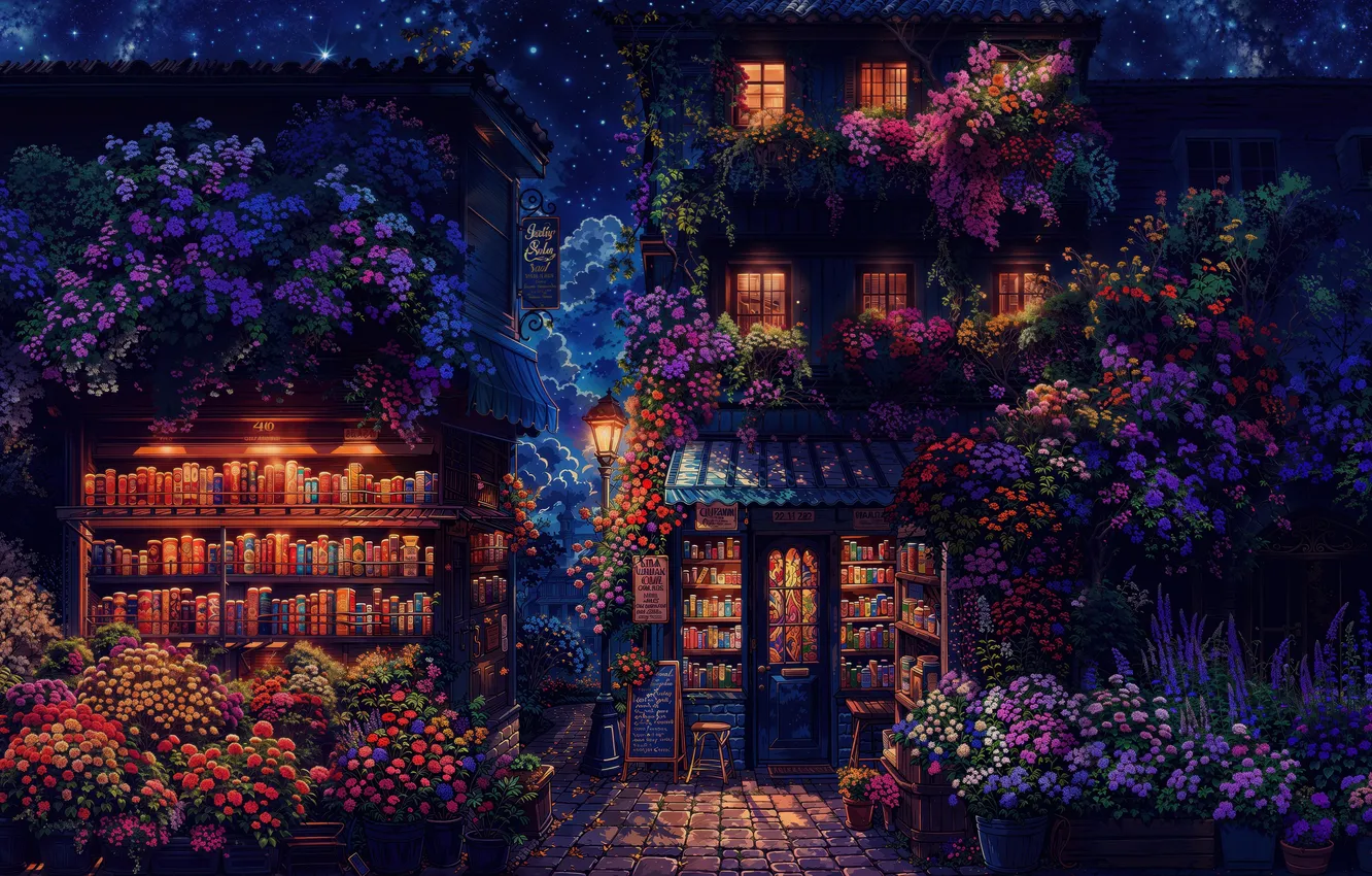 Photo wallpaper flowers, calm, a lot, lights night, books Windows, city street
