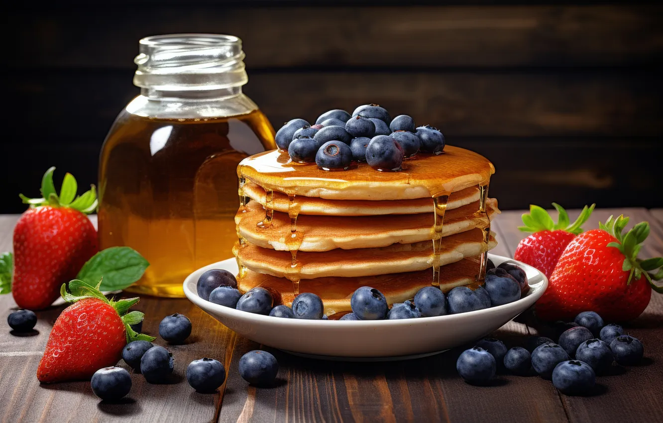 Photo wallpaper berries, table, Board, blueberries, strawberry, honey, Bank, stack