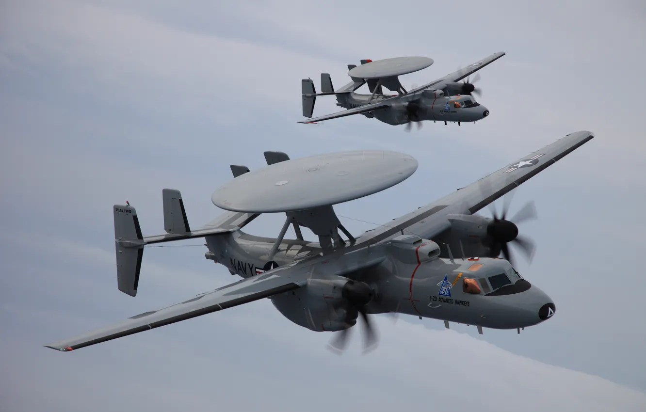 Photo wallpaper clouds, flight, pair, E-2D, Advanced Hawkeye, Northrop Grumman, AWACS aircraft