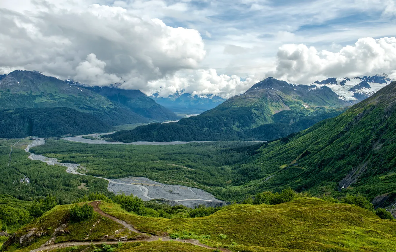 Photo wallpaper forest, clouds, mountains, river, valley, Alaska, panorama, USA