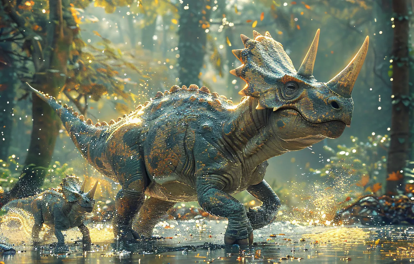 Photo wallpaper water, trees, animal, dinosaur, horns, cub, two, Triceratops