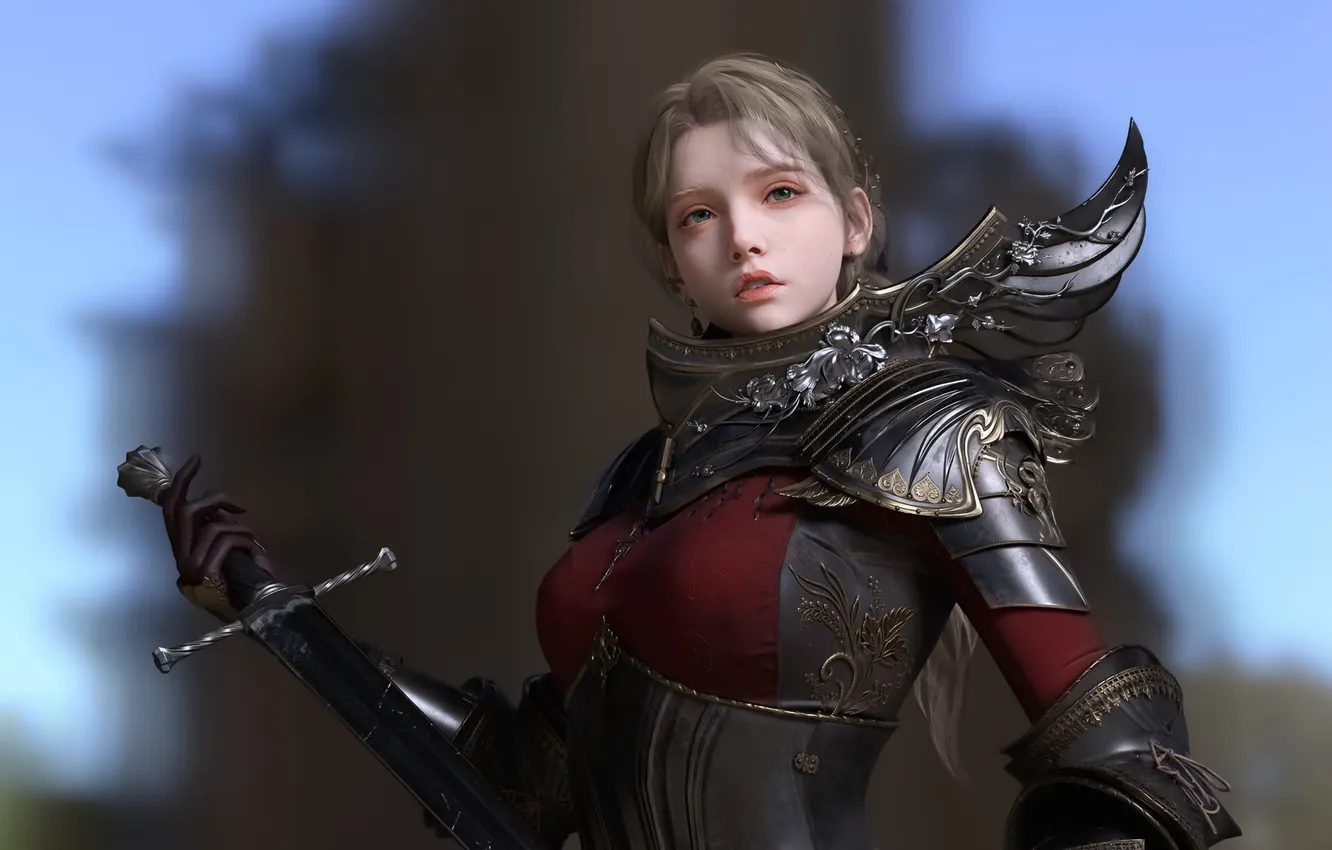 Photo wallpaper sword, armor, weapon, blue eyes, women, brunette, warrior, steel