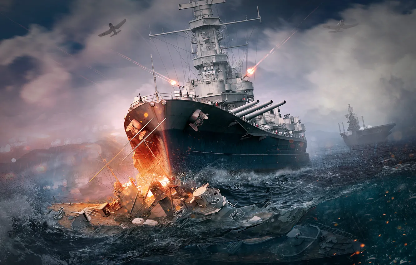 Photo wallpaper sea, squirt, ships, battle, aircraft, shooting, Taran, World Of Warship