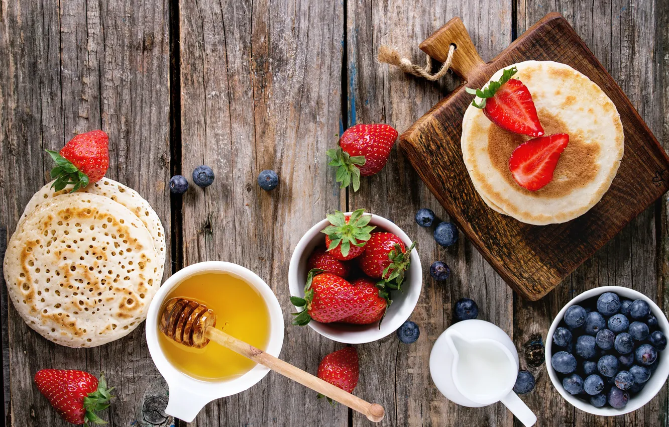 Photo wallpaper berries, Breakfast, honey, pancakes