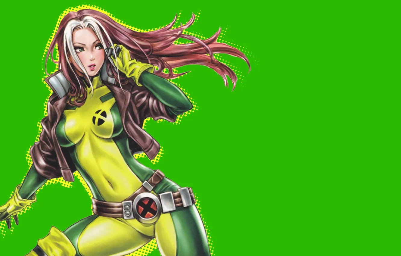 Photo wallpaper look, hair, art, jacket, costume, belt, green background, Rogue