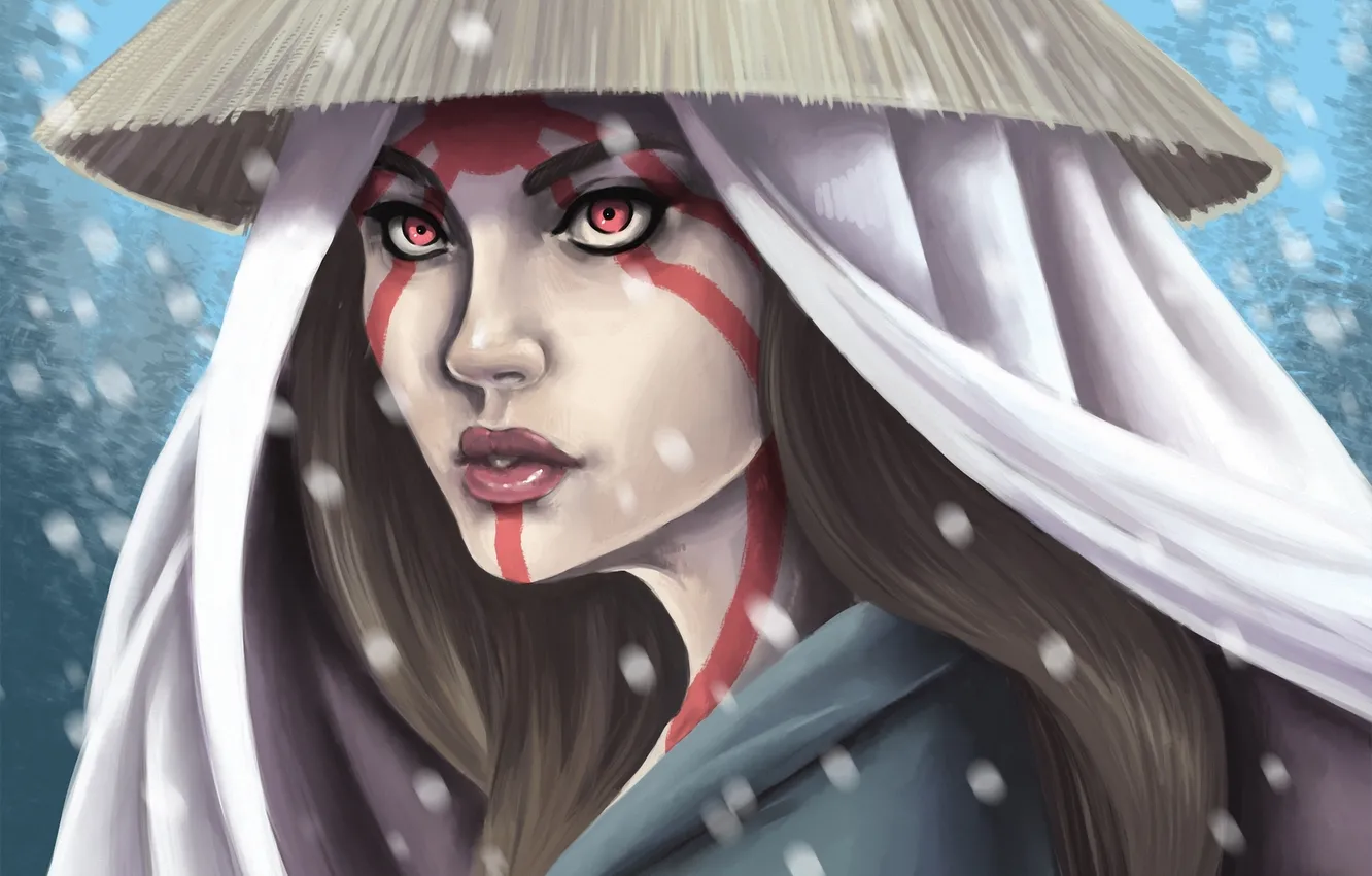 Photo wallpaper girl, snow, pattern, hat, tattoo, art, skip