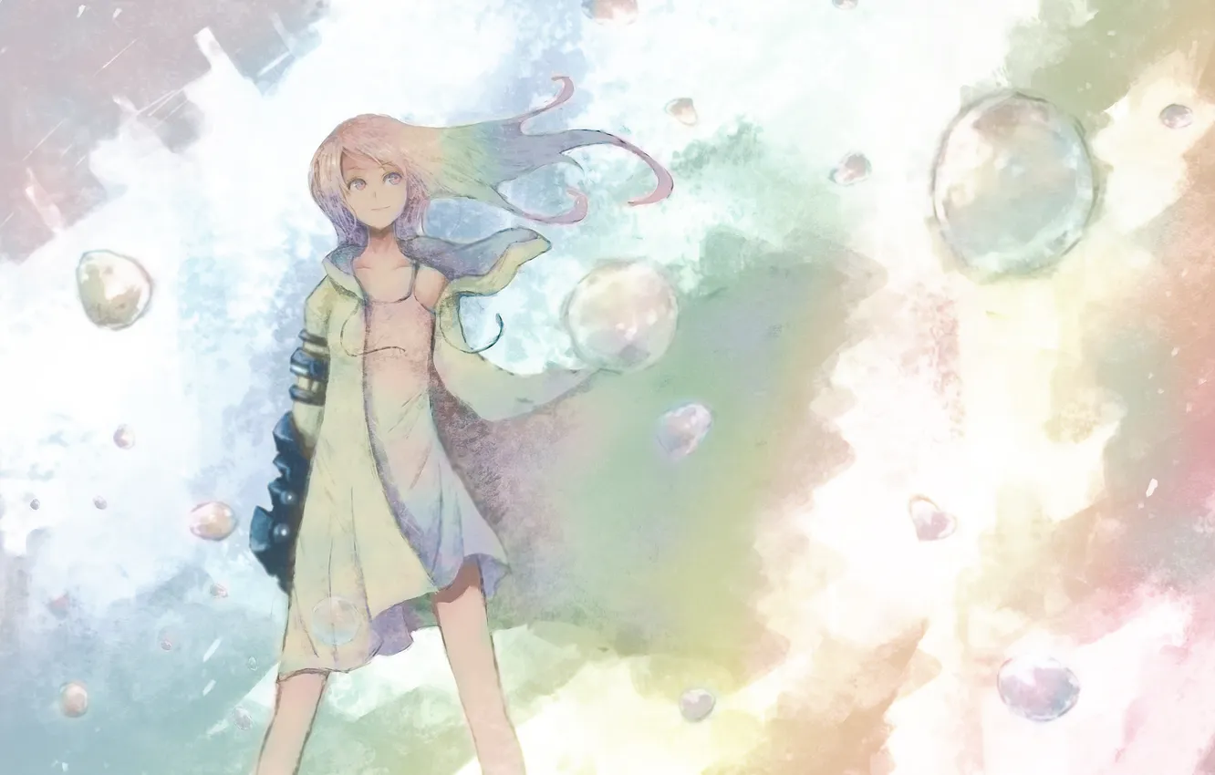 Photo wallpaper girl, smile, bubbles, anime, art, coat, blackball