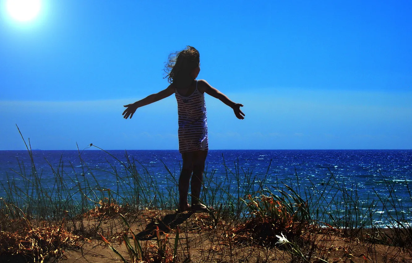 Photo wallpaper sea, the sky, grass, the sun, shore, horizon, girl