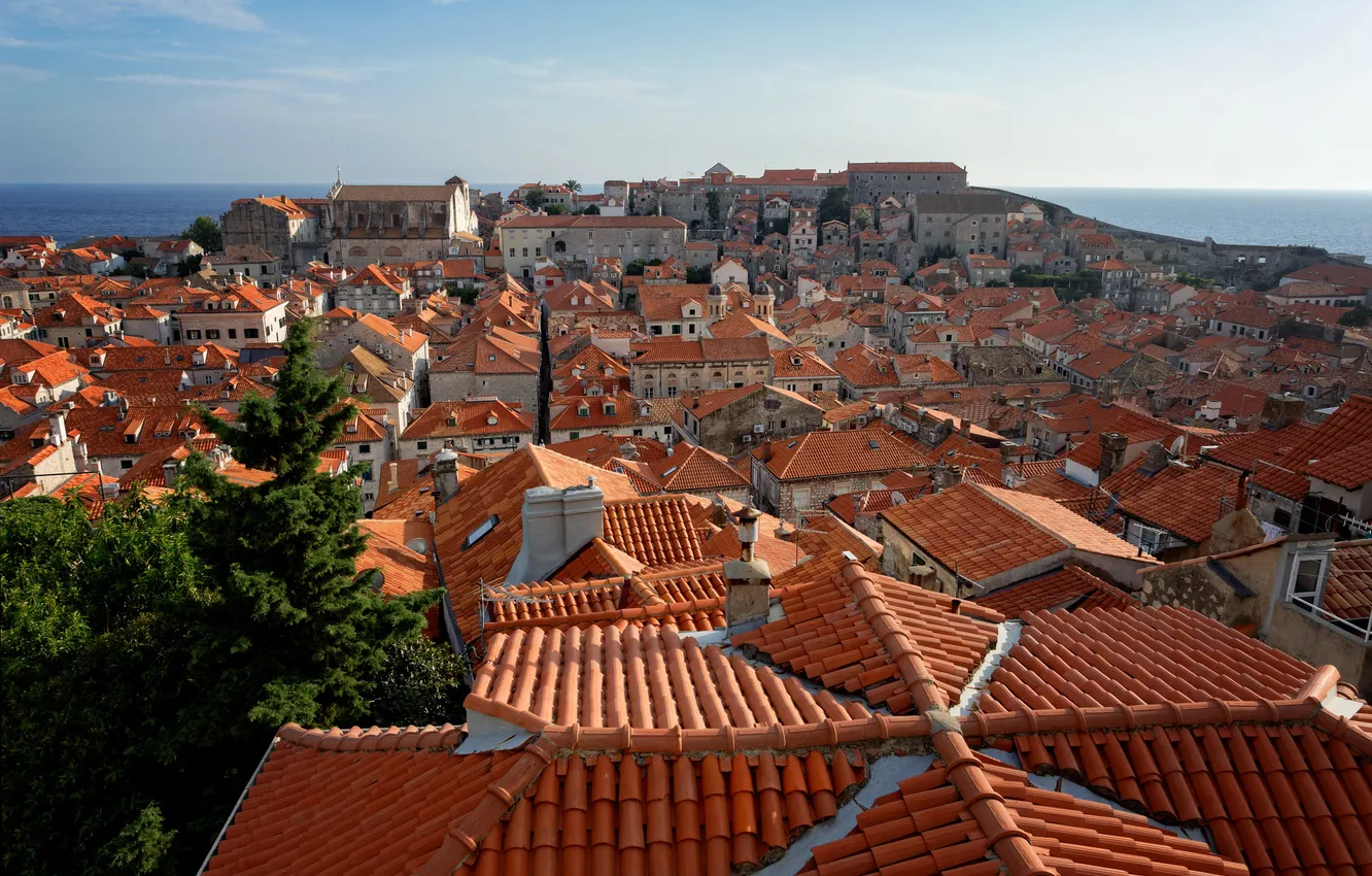 Photo wallpaper sea, the sky, home, roof, panorama, Croatia, Dubrovnik, Dalmatia