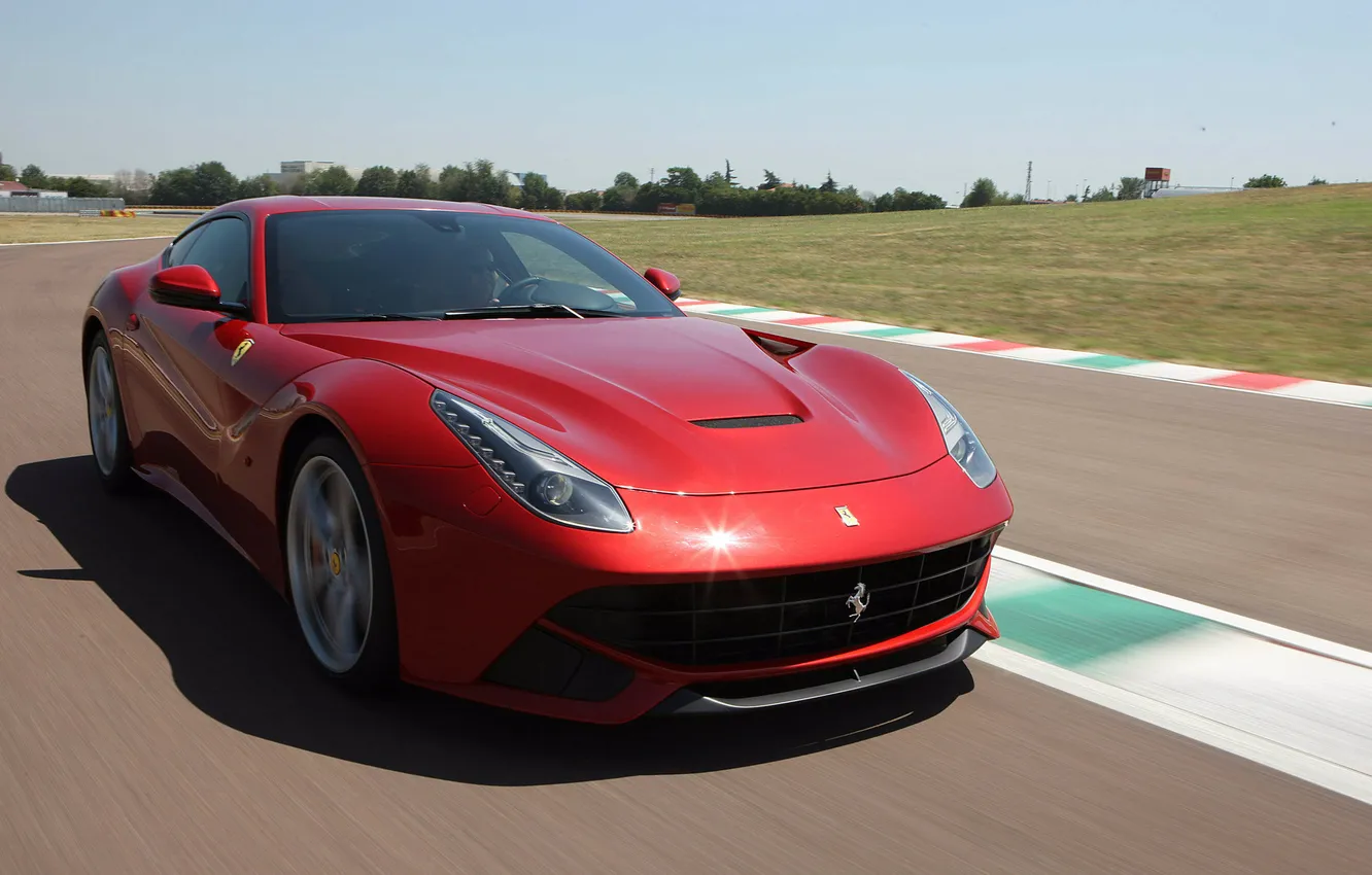 Photo wallpaper road, machine, red, movement, red, Ferrari, front view, F12 Berlinetta