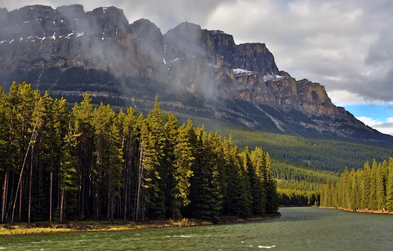 Photo wallpaper forest, the sun, trees, mountains, clouds, river, rocks, Canada