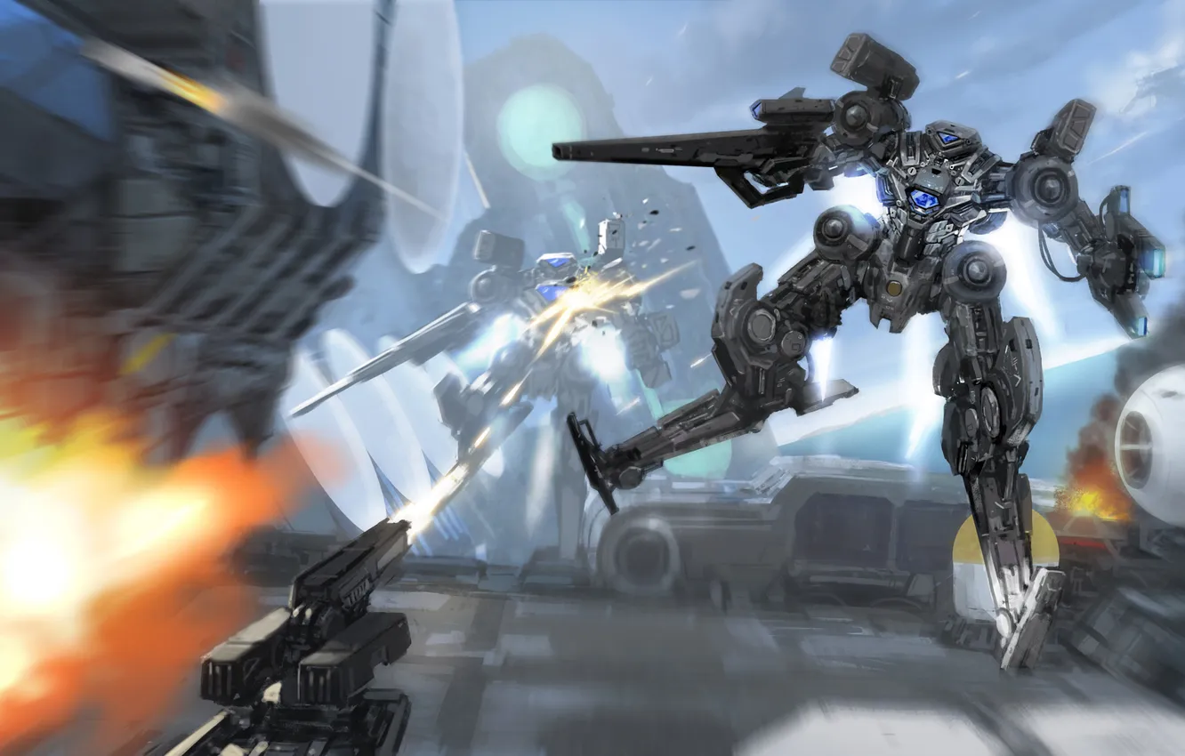 Photo wallpaper attack, robot, base, mech