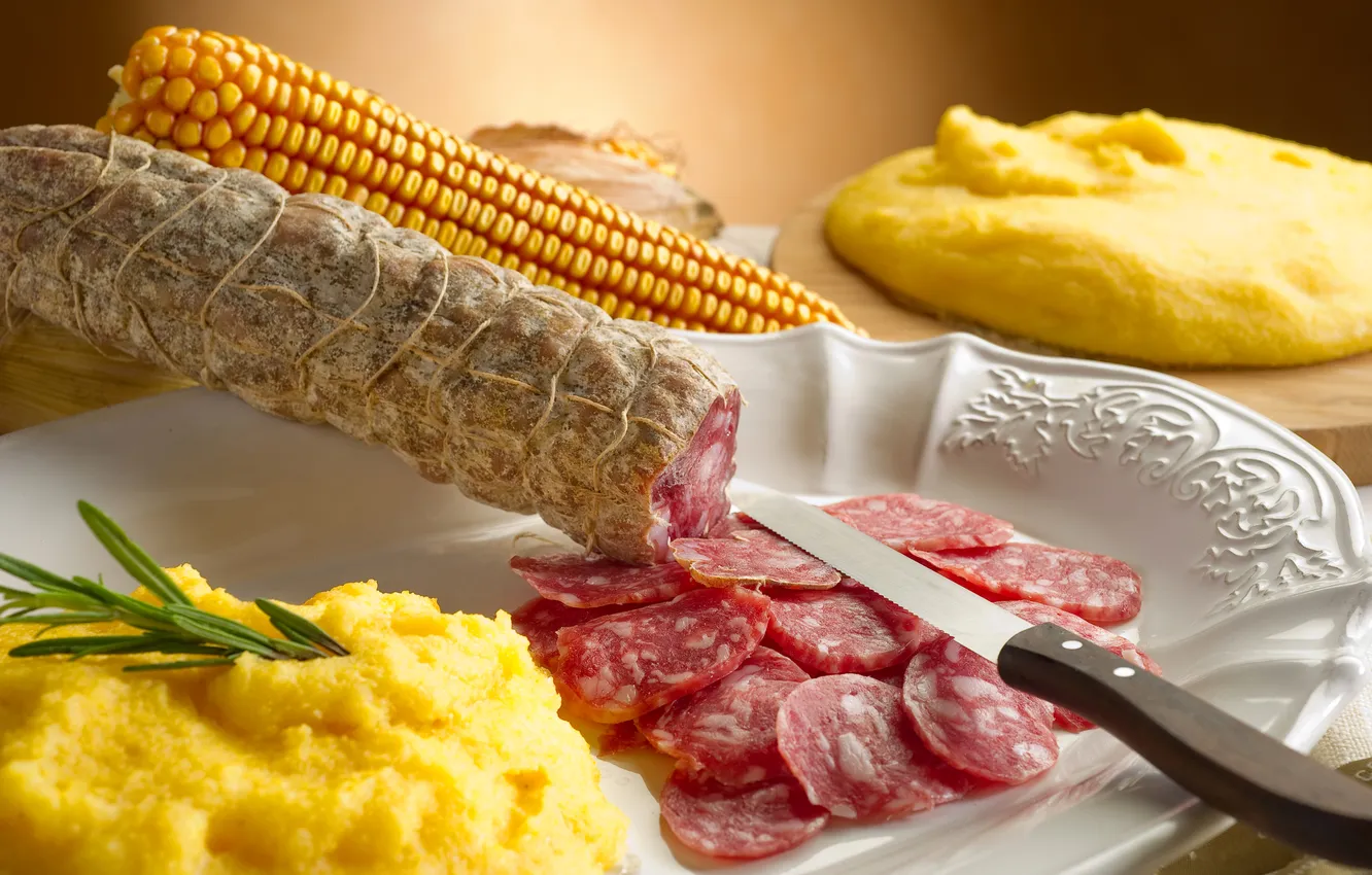 Photo wallpaper greens, corn, plate, knife, slices, sausage, puree