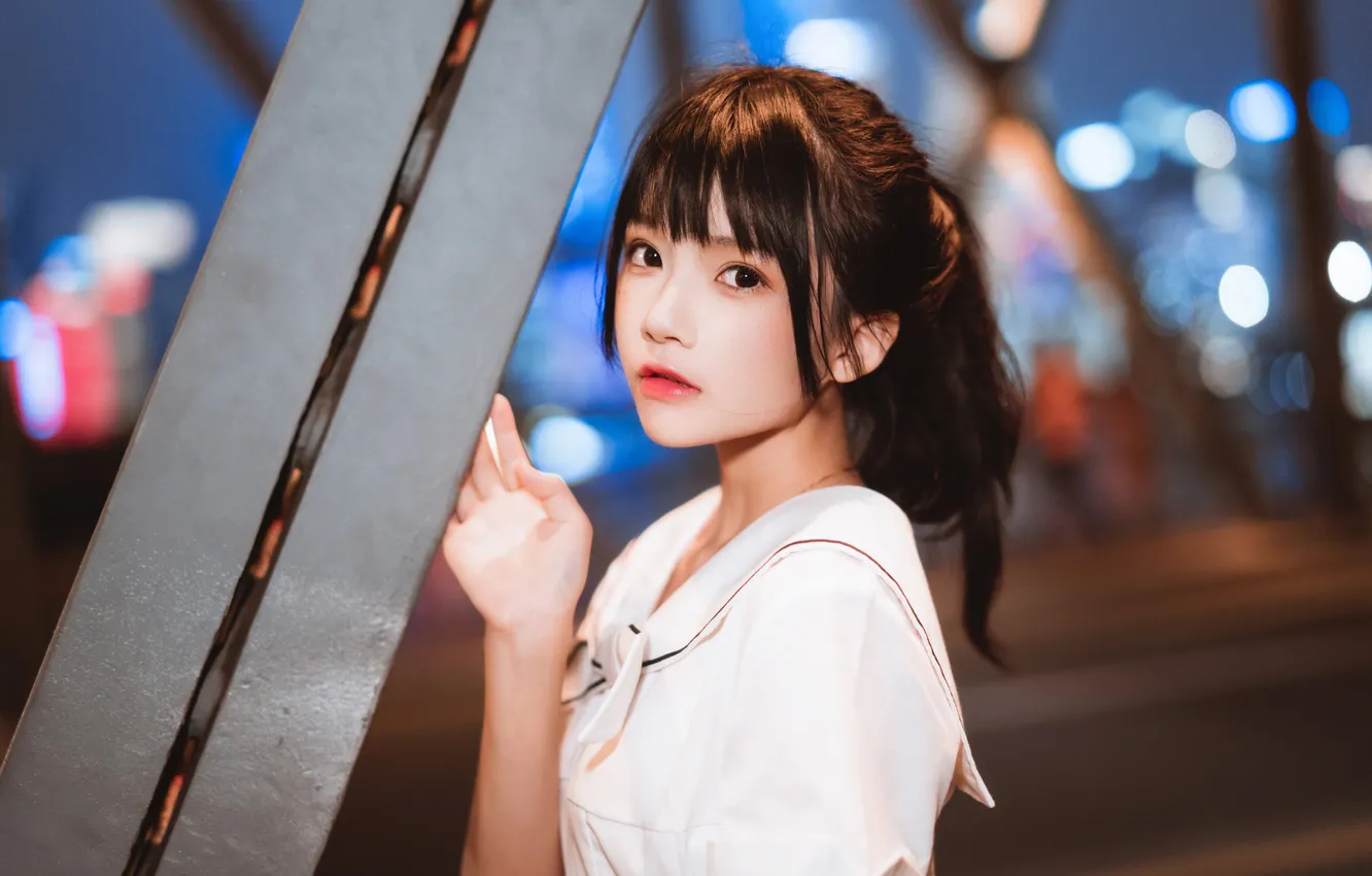 Photo wallpaper lights, road, woman, bridge, night, beautiful, model, pretty