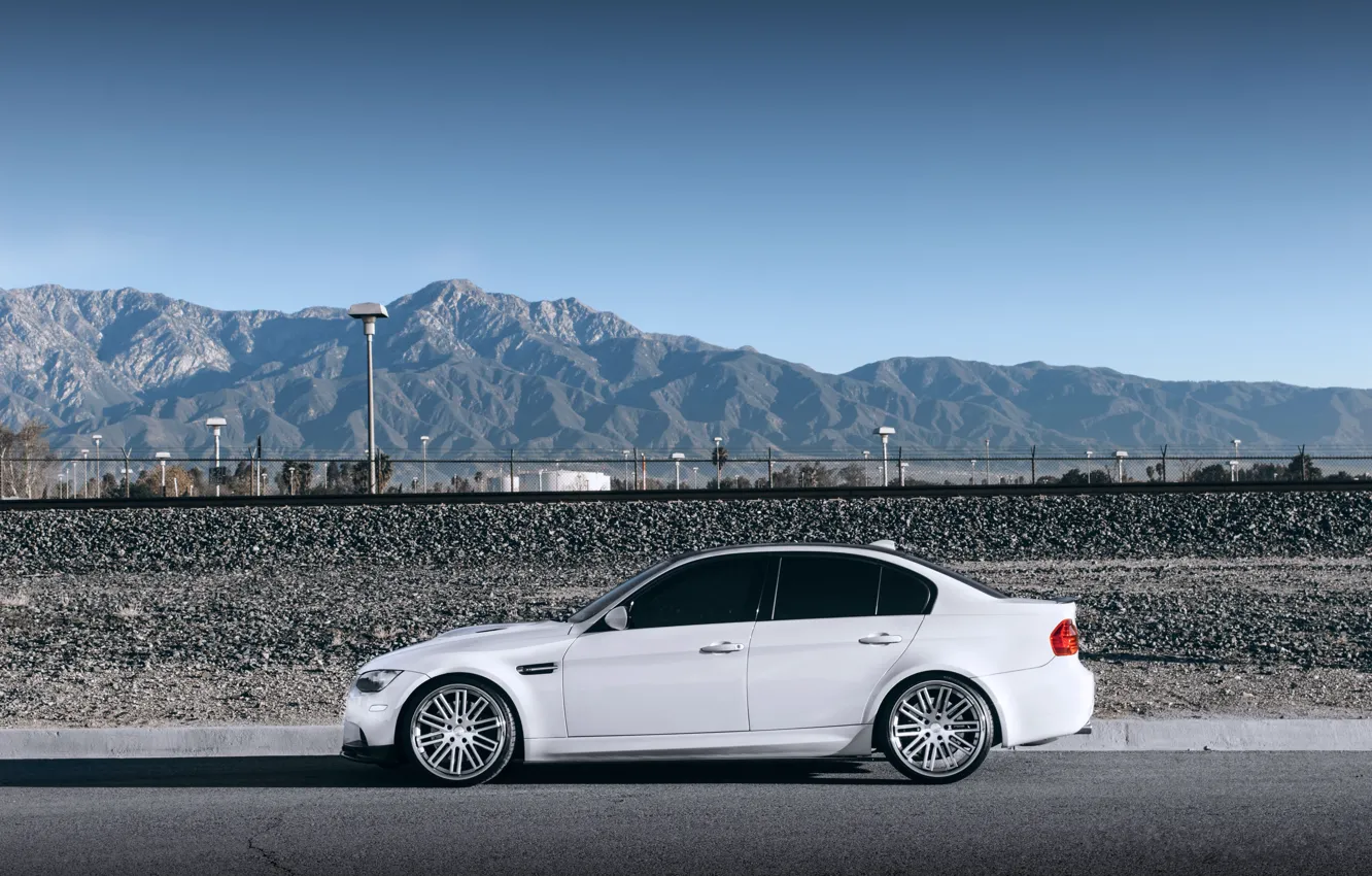 Photo wallpaper white, the sky, mountains, bmw, BMW, profile, white, wheels