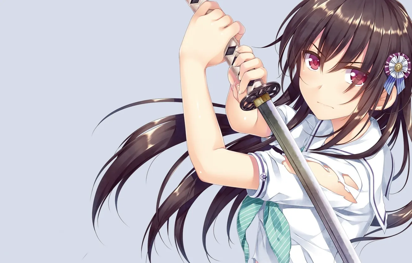 Photo wallpaper girl, sword, game, school uniform, long hair, anime, purple eyes, katana